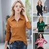 Camiseta Feminina Lapela Zíper Meio Botão Manga Longa Pulôver Tops Cor Sólida Slim Fit Elástica Casual Camiseta Trabalho Festa Férias Uso Diário