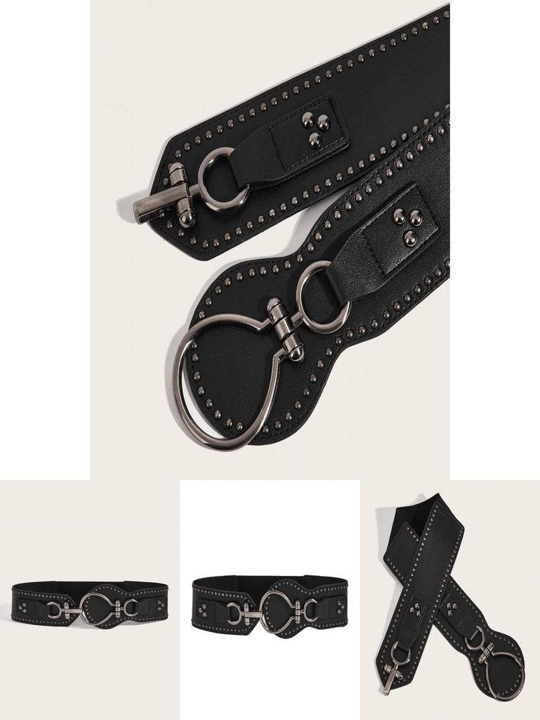 Fashion Solid Color Large Circular Buckle And Rivet Design Wide Waistband For Women