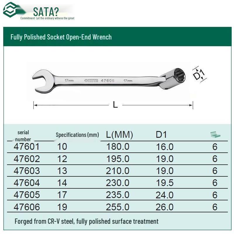 SATA 47601-47606 Полностью полированный рожковый гаечный ключ для ремонта автомобилей 10MM