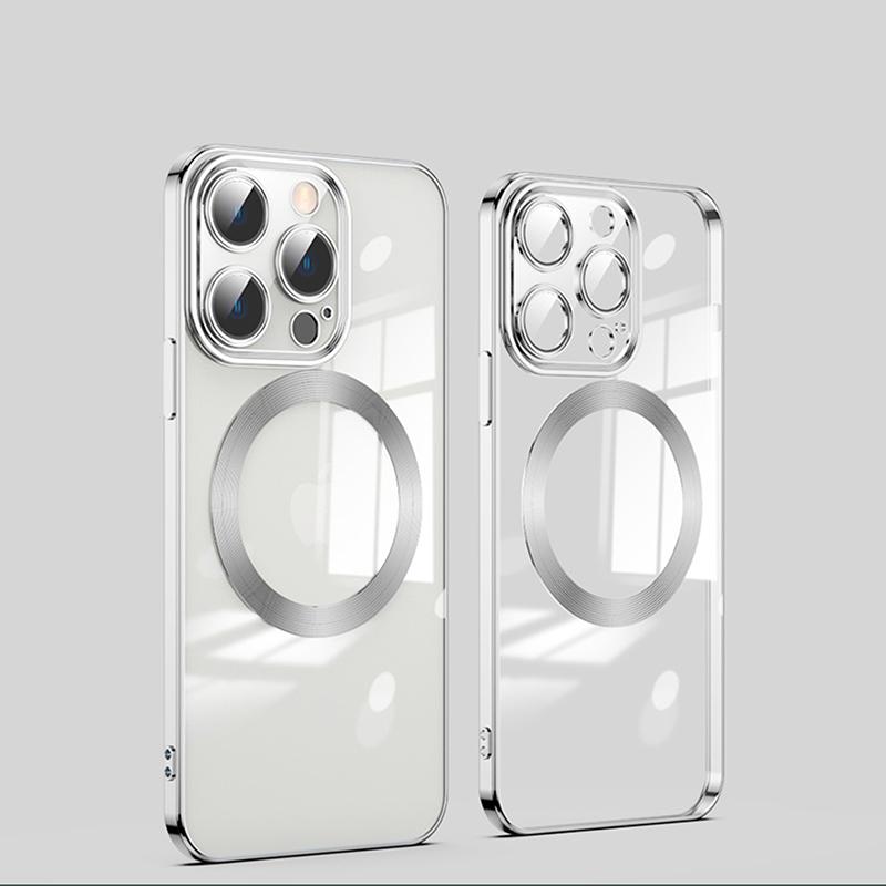 

Прозрачный магнитный чехол для iPhone 15 14 13 12 11 Pro Max Plus Mini, мягкий силиконовый золотой полный чехол с защитой объектива For iPhone 15 Pro Max серебряный