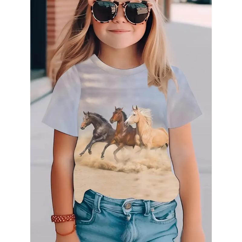 

Новая мультяшная футболка детская футболка с коротким рукавом свободная повседневная с рисунком лошади топы для девочек 100cm
