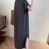 Large Size Women's Short-sleeved T-shirt Skirt Women's Summer Medium and Long Knee-length Dress Loose Age-reducing Pure Cotton Split-ended Long Dress