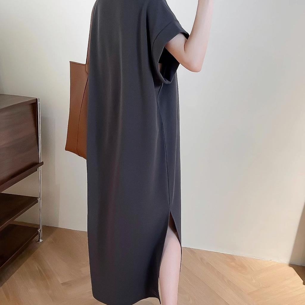 Large Size Women's Short-sleeved T-shirt Skirt Women's Summer Medium and Long Knee-length Dress Loose Age-reducing Pure Cotton Split-ended Long Dress