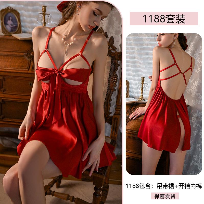 Sexy Satin Nightgown Steel Frame Gathering Lace Seductive and Romantic Underwear Pure Desire Lace-up Open-crotch Pajamas 1188
