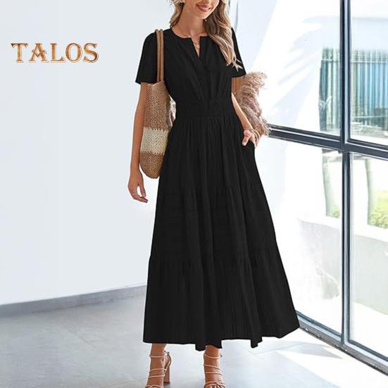 Damska letnia sukienka maxi, swobodna, dekolt w serek, krótki rękaw, warstwowa, luźna sukienka, marszczona talia, plisowana długa sukienka