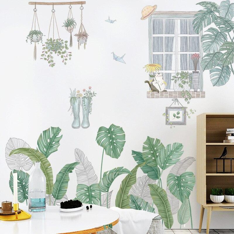 24 Styles Wall Stickers Decorated Tropical Green Leave Nordic Fresh Living Room Bedroom Stickers Plant Flowers Wall Decorations