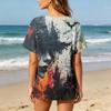 Women Casual Short Sleeve Henley Shirt Cotton Linen Blend Halloween Print Front Pocket Button Neck Blouse