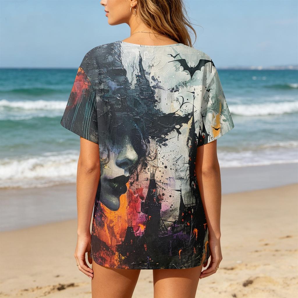 Women Casual Short Sleeve Henley Shirt Cotton Linen Blend Halloween Print Front Pocket Button Neck Blouse
