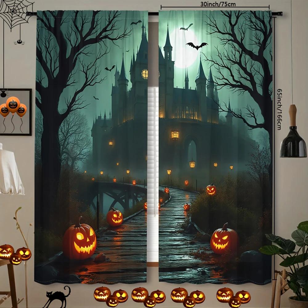 Halloween Fantasy Castle Money Tree Pumpkin Lantern Printed Curtains Home Decoration Room Curtain Set Of 2 Made Polyester Washable