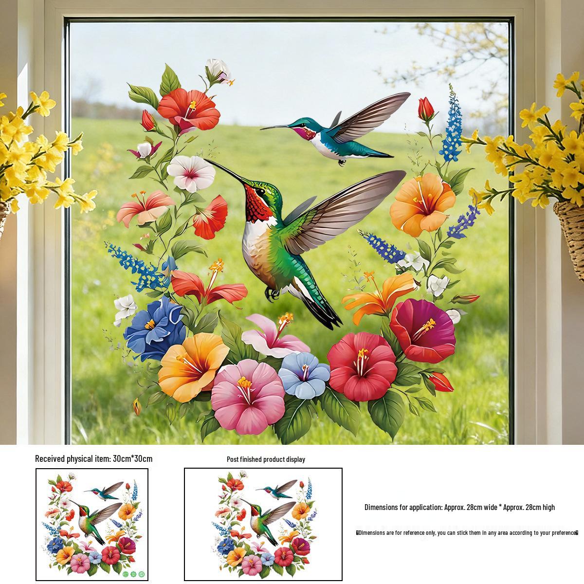 

Colorful Hummingbird and Flowers Adhesive Wall and Window Stickers for Bedroom and Living Room Decor 30cm*30cm, 1 sheet (OPP bag)