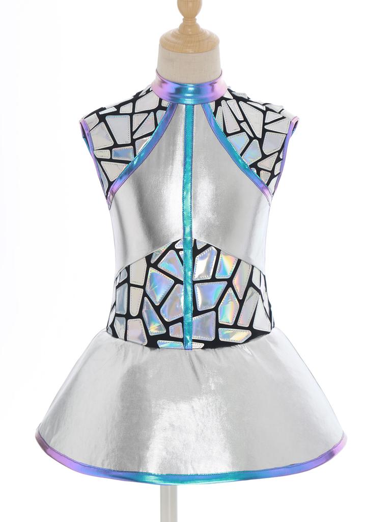 Girls Shiny Metallic Alien Costume - Sleeveless Sequins Dress with Back Zip, Outer Space Cutie Halloween & Anime Cosplay