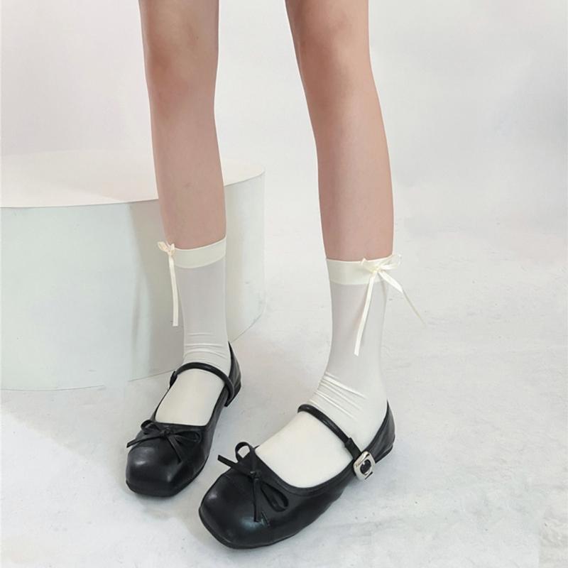 Ballett Elegante Samt Over-the-Calf Lange Socken für Damen Mädchen Süße Band Schleife Einfarbig Oberschenkelhohe Strümpfe
