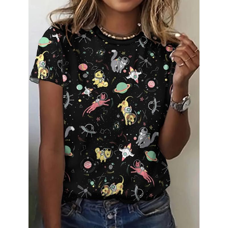 Summer Round Neck 3D Cat Print Top Fashionable Casual Short Sleeved Women's T-shirts