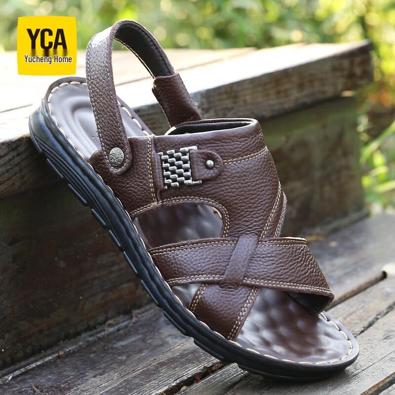 YCA Men s Genuine Leather Slip-On Beach Sandals J6683 40