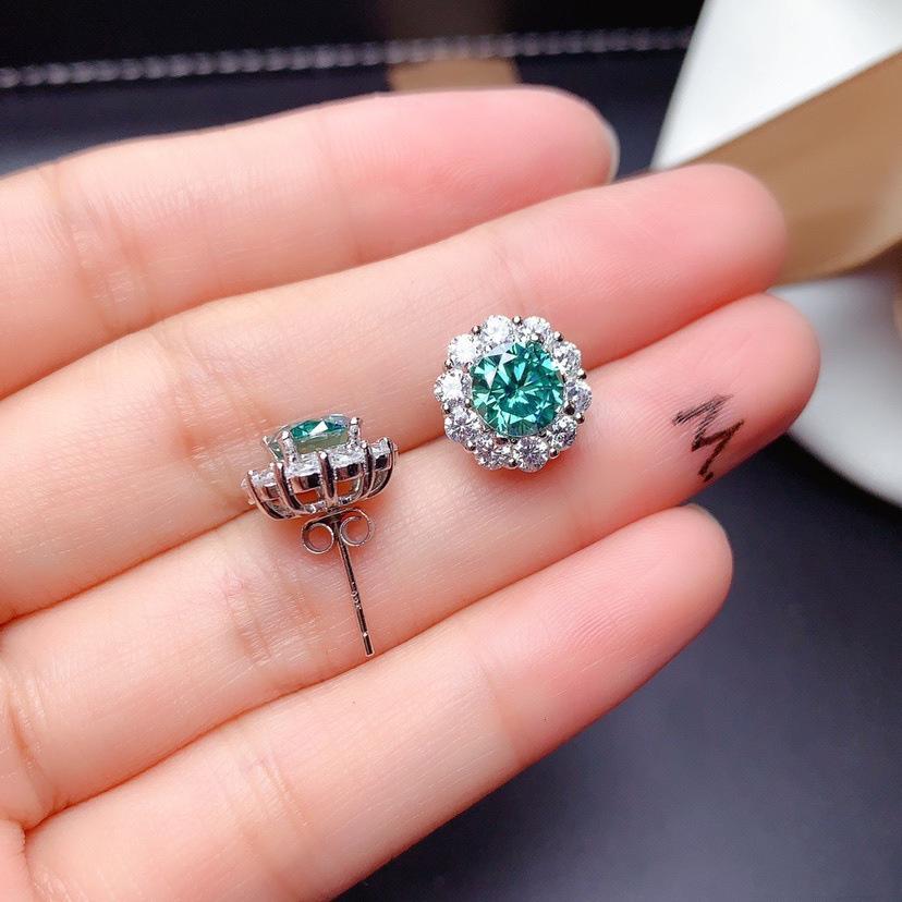 1 Carat Simulated Blue-Green Moissanite Jewelry Set: Open Ring, Necklace Pendant, Stud Earrings with Eight Hearts and Arrows Design In PT950 Plating.