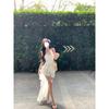 French Super Fairy Pure Desire Lotus Leaf Edge Splicing Suspender Dress Slim and Thin Irregular Skirt Seaside Beach Dress