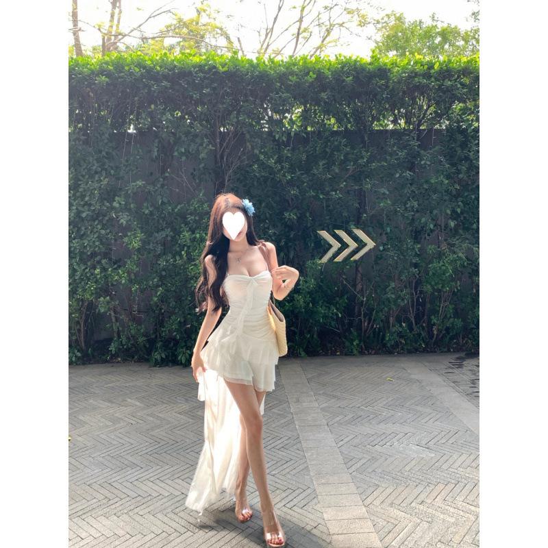 French Super Fairy Pure Desire Lotus Leaf Edge Splicing Suspender Dress Slim and Thin Irregular Skirt Seaside Beach Dress