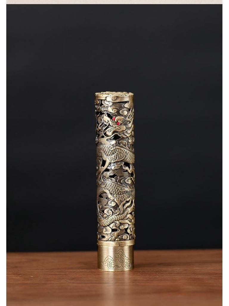 Alloy Cylindrical Incense Burner with Phoenix and Dragon Design for Indoor Sandalwood Offering to Buddha.