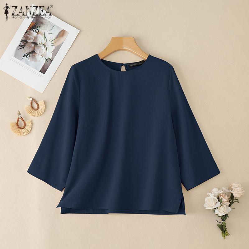 ZANZEA Women Casual Round Neck Solid Color 3/4 Sleeve Loose Blouse