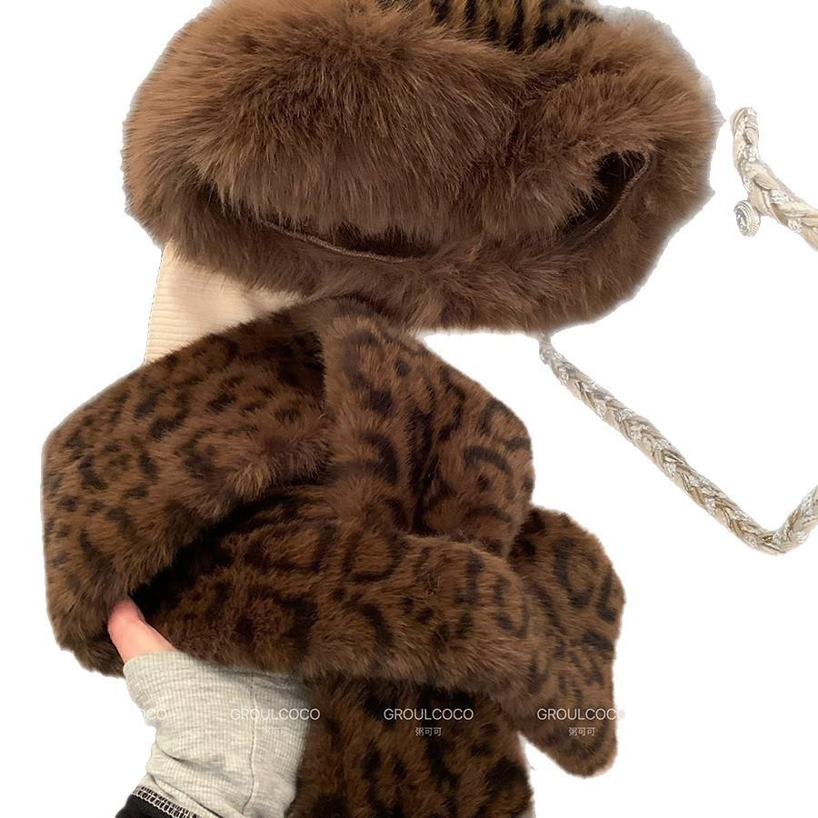 Leopard Print Mongolian Hat Plush Bear Hat Women's Autumn and Winter Imitation Mink Bucket Hat Versatile Scarf Scarf