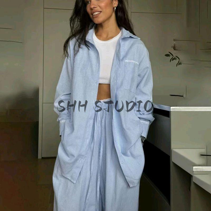 Autumn New Arrival Women clothes Two-piece Set Polo Collar Loose Long sleeve Stripe Shirts Casual Straight Wide Leg Trousers