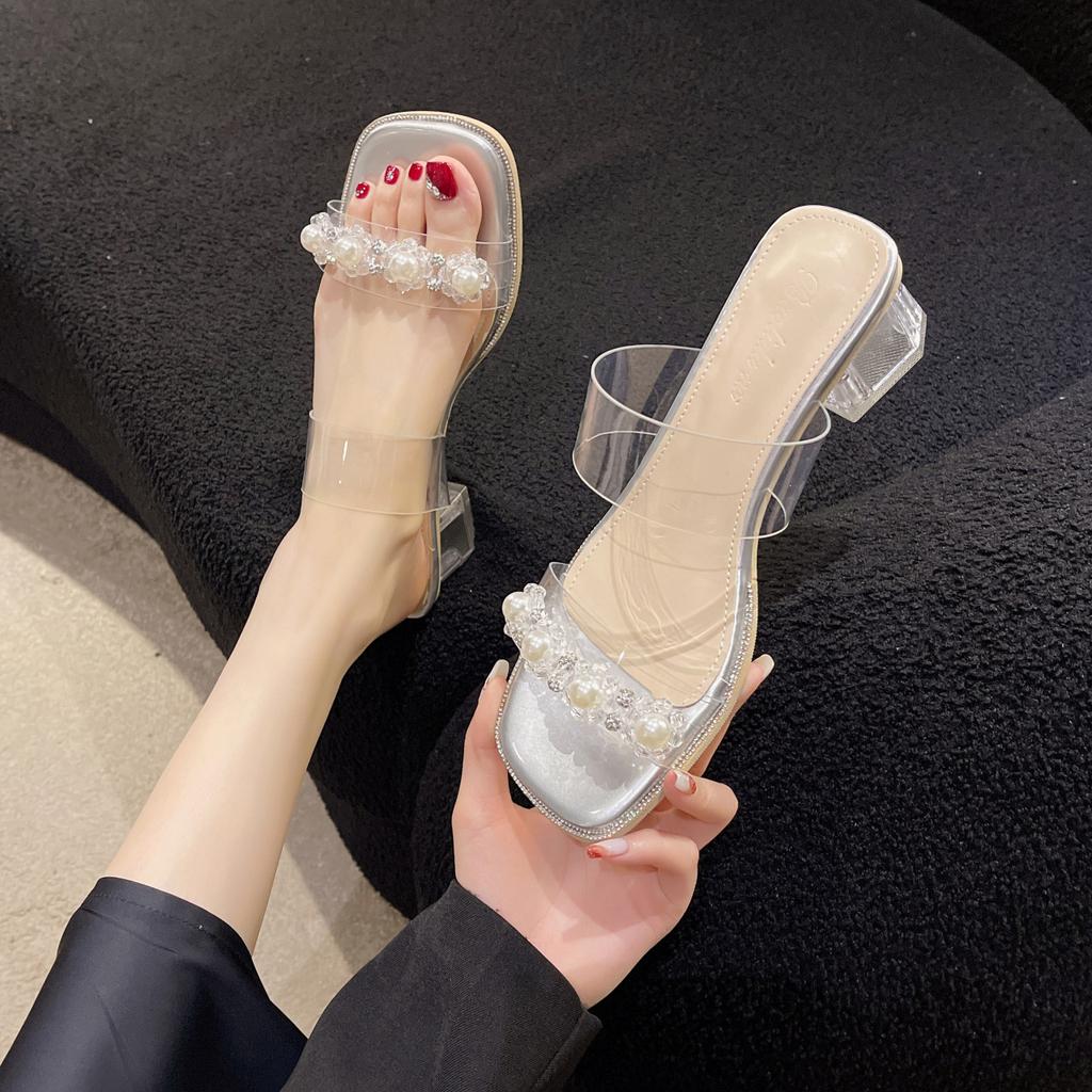 Fashion Shoes Women Glitter Slides Square Heel Slippers Heels Med Low Pantofle Soft Jelly Block High Transparent Summer 2025 PU PVC Rub