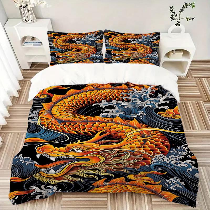3pcs Dragon Wave Design Duvet Cover Set - Machine Washable, Includes 1 Cover and 2 Pillowcases, No Core Included yy251013136