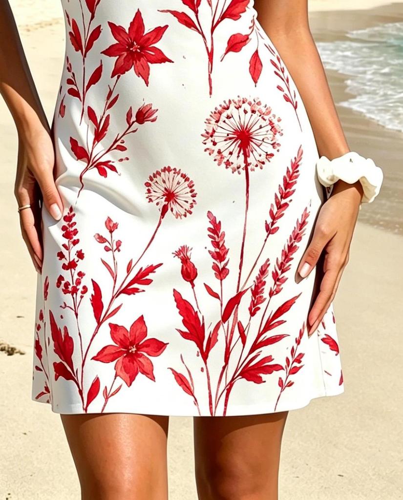 Red and Green Abstract Printed Single Shoulder Dress, Sexy Off Shoulder Short Style, Slim Fit and Slimming Vacation Dress