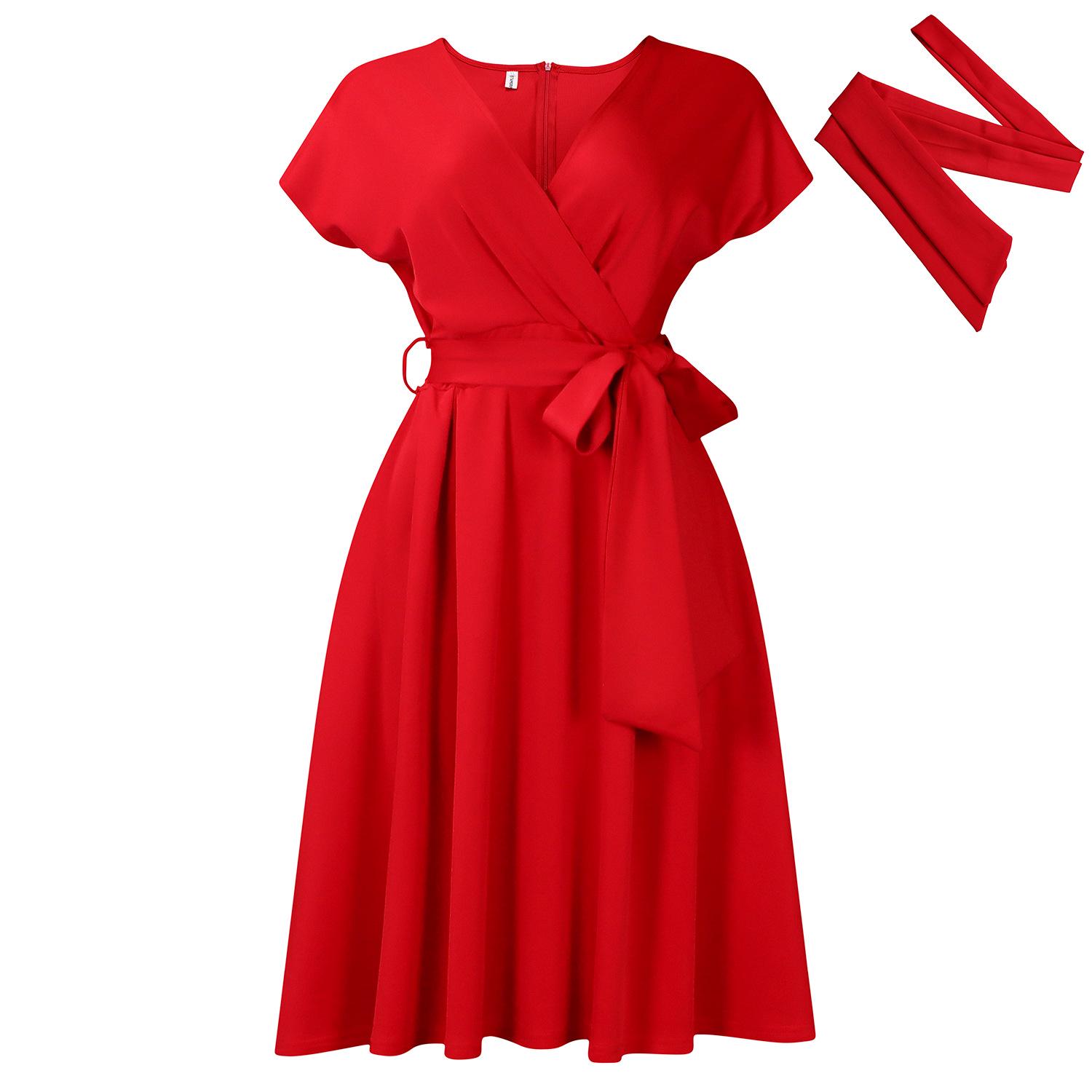 

Летнее элегантное платье большого размера с V-образным вырезом и завязками для женщин: Европейская, американская и африканская мода 3XL красный