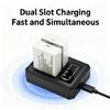 Camera Battery Charging Dock Featuring Two Distinct Bay Positions, a Front Display and 25/50/75/100 Status Numerals on a Black Charger Body
