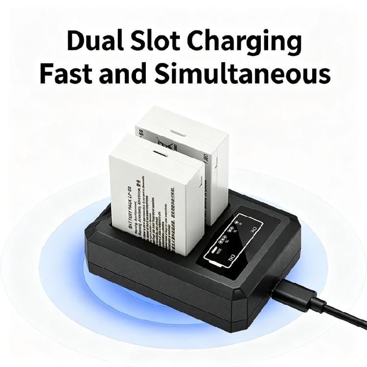 Camera Battery Charging Dock Featuring Two Distinct Bay Positions, a Front Display and 25/50/75/100 Status Numerals on a Black Charger Body