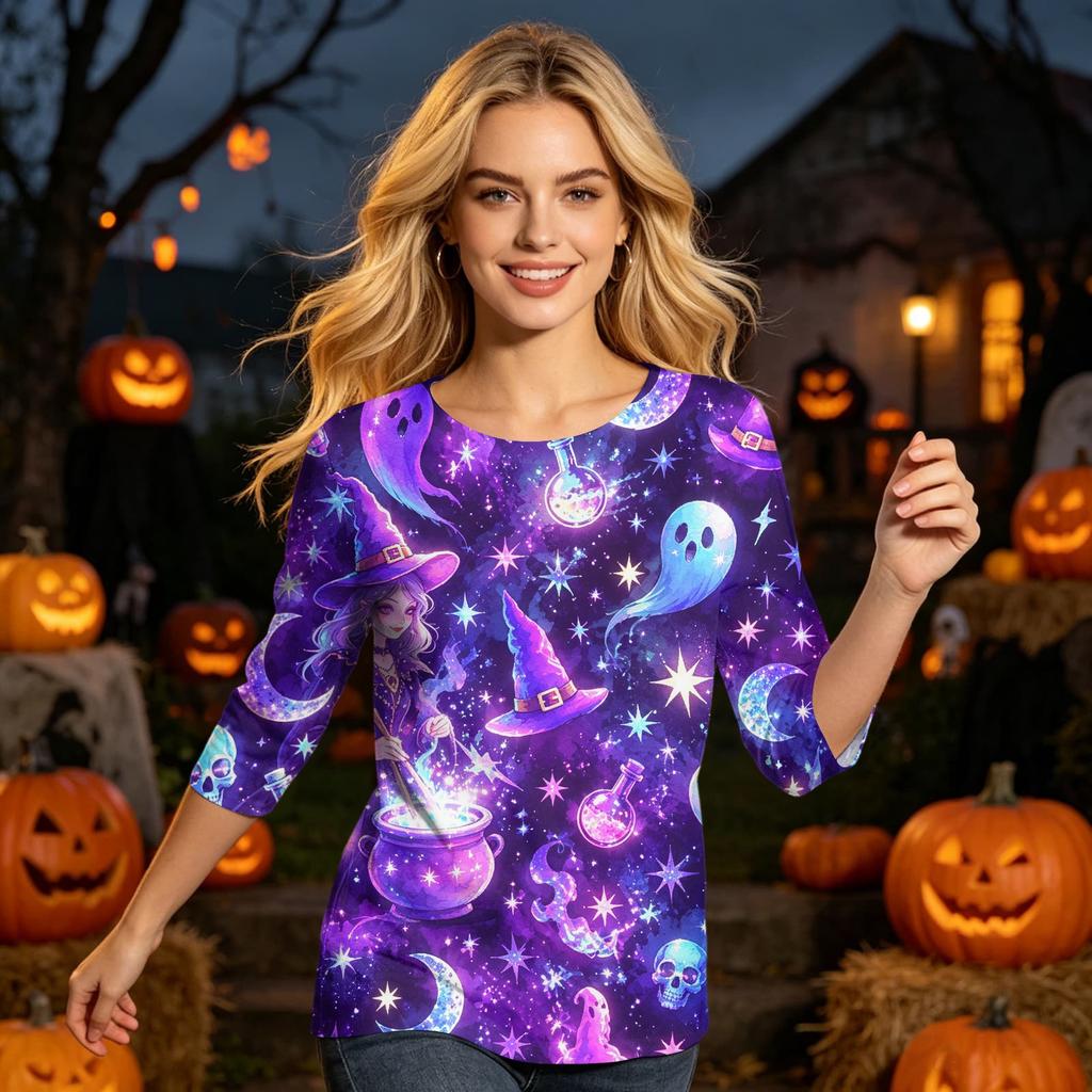 Women Casual 3/4 Sleeve Halloween Print Round Neck Top Lightweight Comfortable Fit Stretchy Fabric Stylish Design