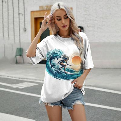 Simple T-shirt Fashion Setting Sun Sea Wave Pattern Print T-shirt Leisure Loose Women's Round Neck T-shirt 2024 Trend T-shirt
