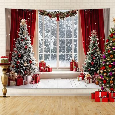 Single Panel Christmas Pography Background Dreamy Winter Snow Scene Tree Tapestry Window Interior Wall Hanging Curtain Polyester