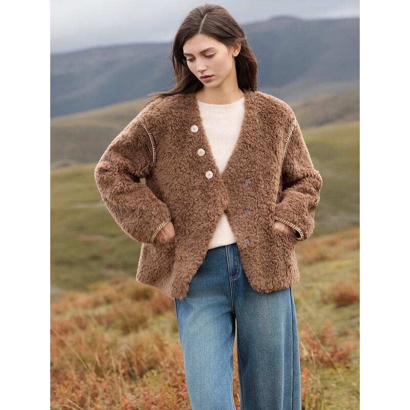 ELLE Women's 100% Sheep Wool Faux Fur Short Coat