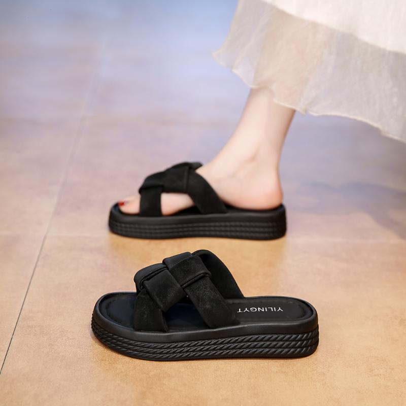 CRLAYDK Womens Slip On Sandals Outdoor Summer Leather Platform Open Toe Indoor Slides Soft Beach Ladies Walking Slippers