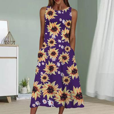 Summer Fashion Sexy Sleeveless Dress Soft Casual 3D Sun Flower Print Dress Sleeveless Sling Dress