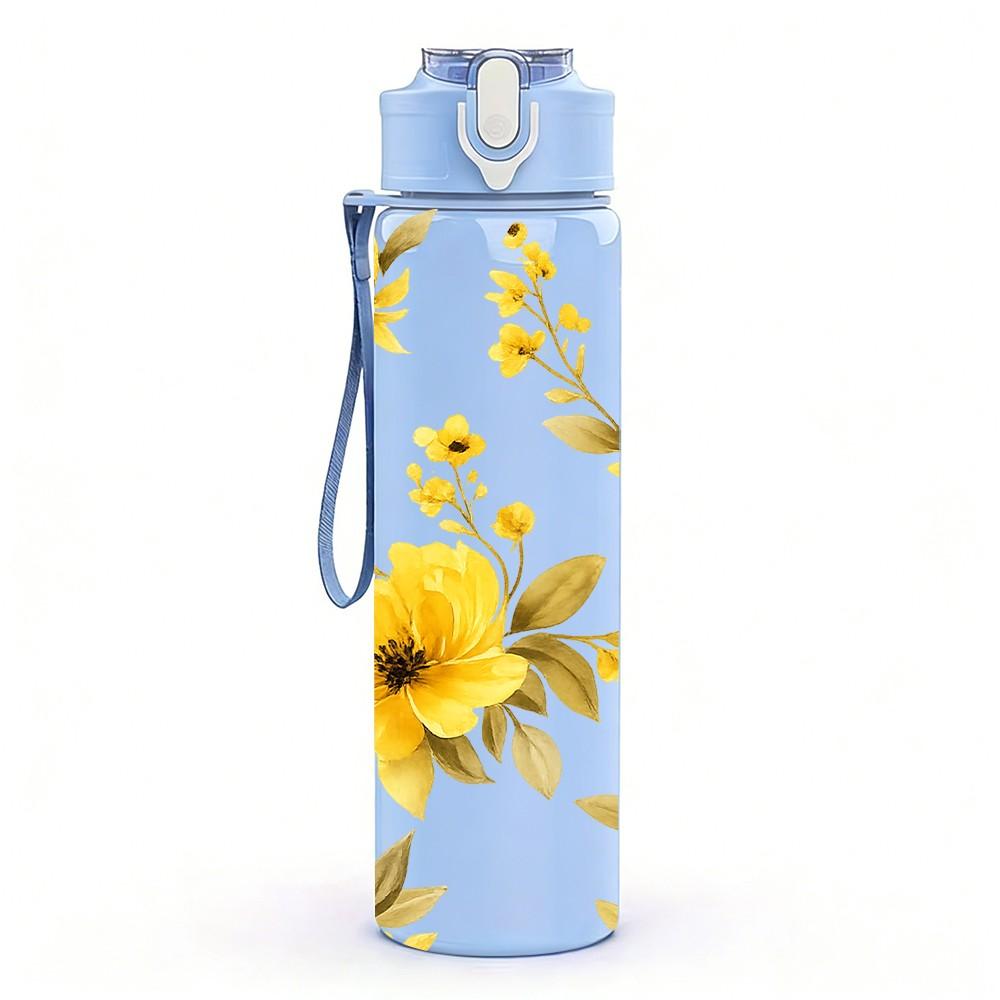 1PC Bright Yellow Chrysanthemum Floral Art 750ml Color Plastic Sports Water Bottle Leakproof Flip Straw Lid Suitable for Sports Office Home Use