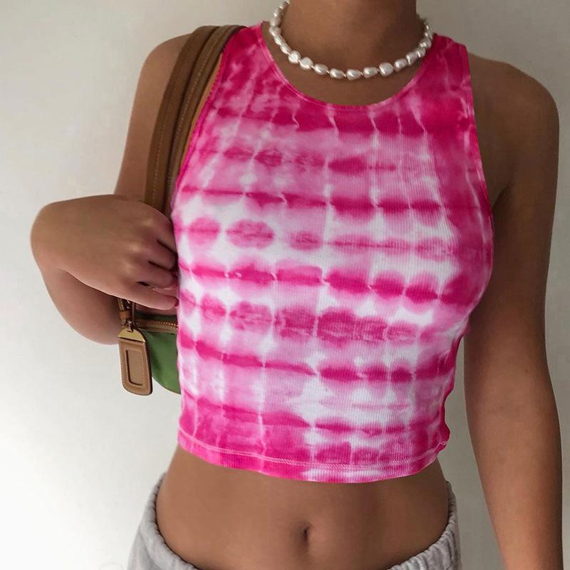 

NEW Summer Printing Sexy Women Crop tops sleeveless slim basic O Neck Pullover Tee top Casual Tie Dyeing Club Vest Tanks M червоний
