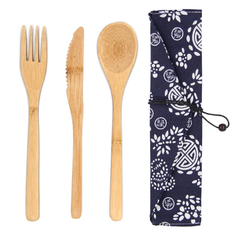 3Pcs/set Wooden Dinnerware Set Bamboo Fork Knife Soup Teaspoon Catering Cutlery Set With Cloth Bag Kitchen Cooking Tools Utensil