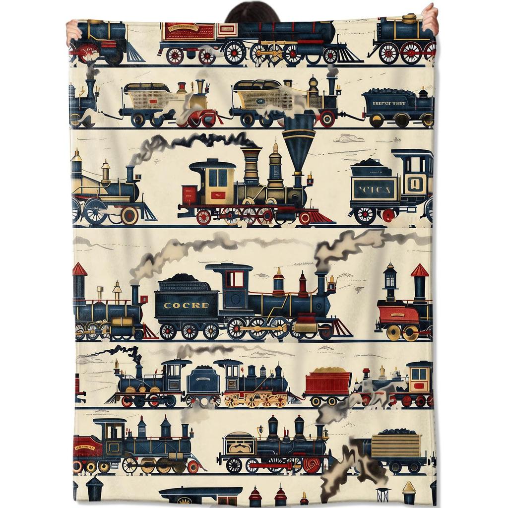 Retro train pattern digital-printed polyester Bedroom velvet flannel cover blanket Fleece soft sofa cover blankets for beds