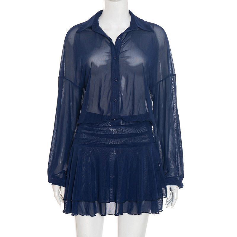 

J25Ds343 European and American Women s Clothing Autumn New Solid Color Casual Shirt with Lapel and Ruffled Long Sleeves Mini Dress Blue (Ready to Ship) S