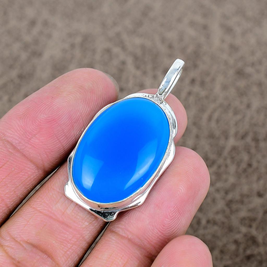 Blue Chalcedony Gemstone Handmade 925 Sterling Silver Jewelry Pendant 1.85" KKG-359