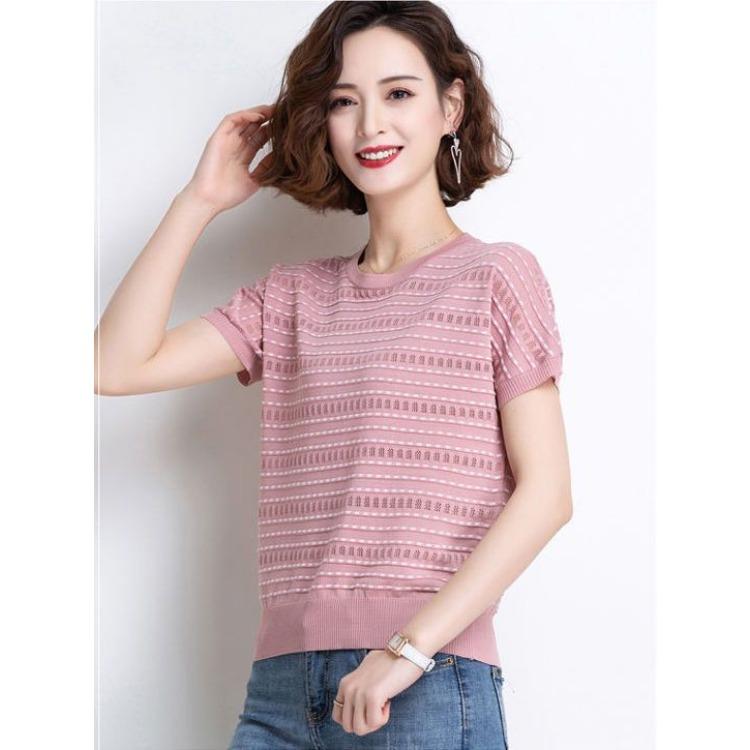 Summer Round Neck Knitted T-shirt Women's Pullover Short Sleeved Striped Hollowed Out Small Shirt Loose T-shirt Top