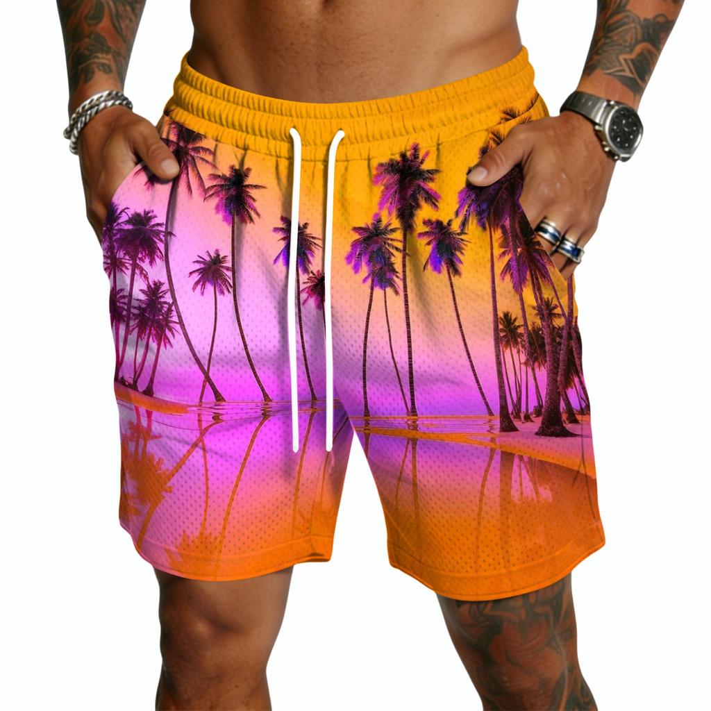 Pantalones Cortos Casuales Ligeros para Hombre con Cordón Secado Rápido Tiro de Cinco Pulgadas Cintura Elástica Diseño Estampado Hawaiano para Actividades al Aire Libre