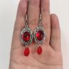 Gothic Retro Sliver Color Oval Relief Lacework Red Glass Crystal Dangle Earrings for Women Hallowmas Party Luxury Charm Jewelry
