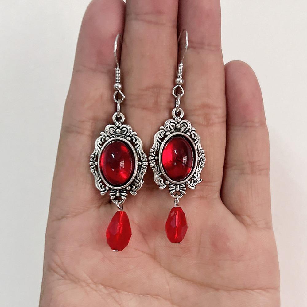 Gothic Retro Sliver Color Oval Relief Lacework Red Glass Crystal Dangle Earrings for Women Hallowmas Party Luxury Charm Jewelry