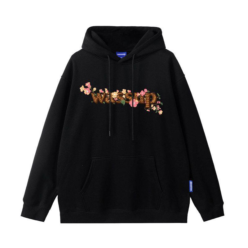 Wassup Floral Letter Hoodie Men's Autumn and Winter American Street Style Couple's National Trend Pullover Top