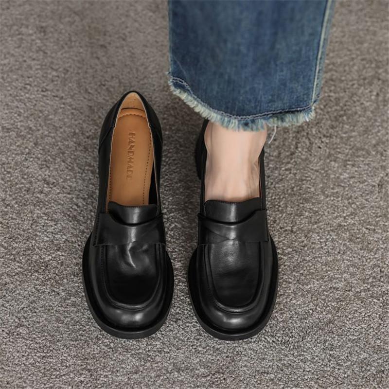 Fashion New Spring Genuine Leather Woman Shoes Round Toe Women Pumps Shoes for Women High Heel Platform Loafers Chunky Heel Ladies Shoes