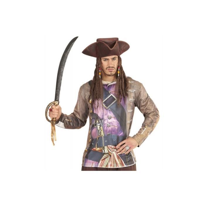Chapeau Tricorne Pirate Simili Cuir Avec Cheveux pour Adulte - Marron
